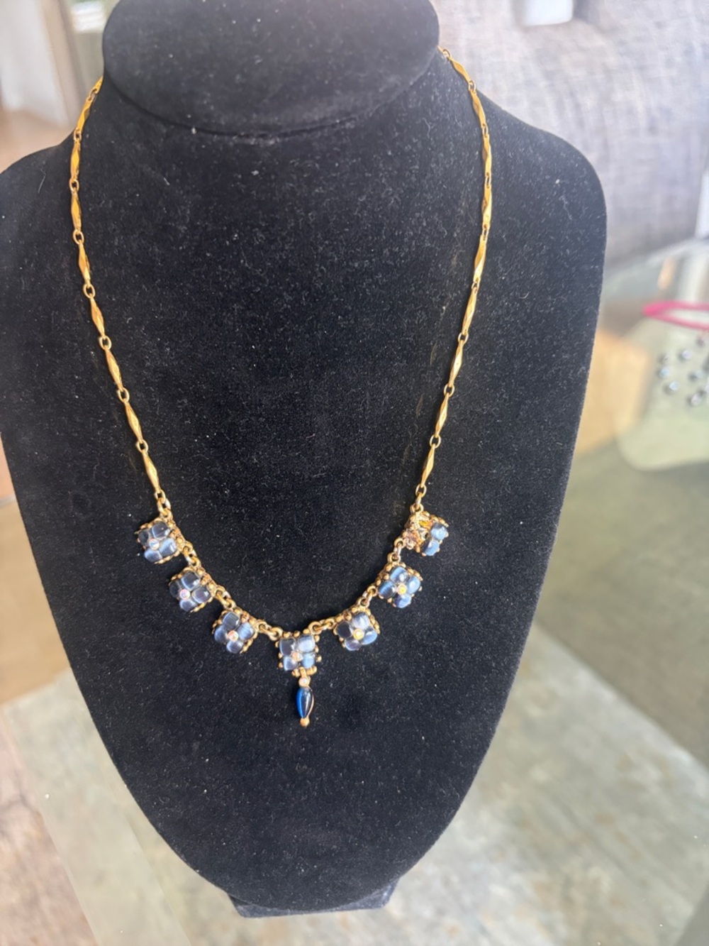 24k coated vintage Paris  Necklace with Blue Crystal Accents.